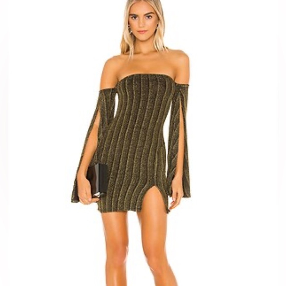 Michael Costello x revolve Sandrine black gold off shoulder mini dress XXS